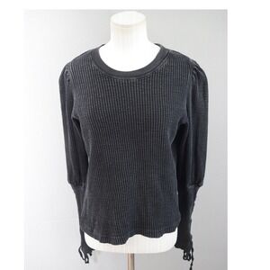 Free People FP One Thermal Top Medium Black Puff Sleeve Lace Up Waffle Knit